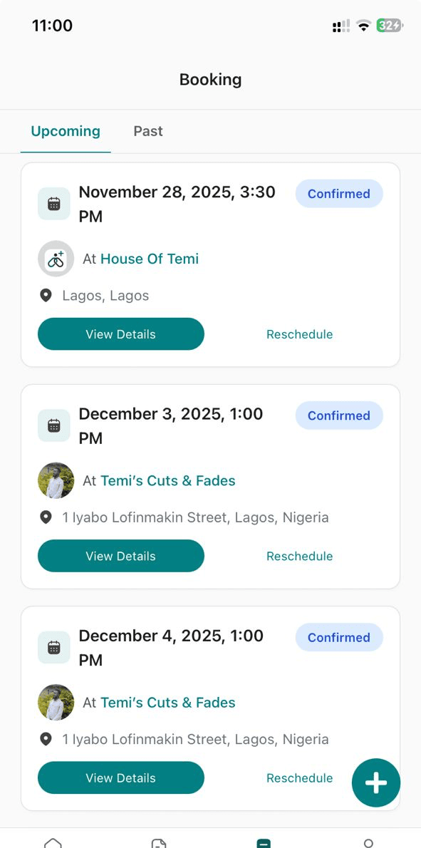 Upcoming bookings list